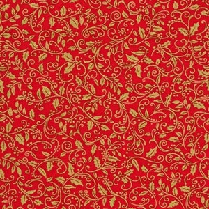 May include: Red fabric with a gold floral pattern. The pattern features leaves, swirls, and berries.