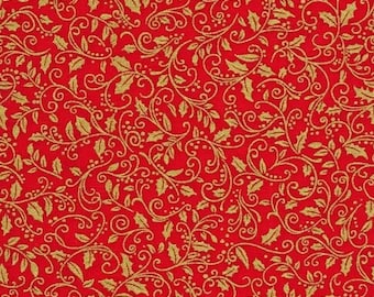 Baumwolle Ilex Zweige GOLD Metallic Rot nähen, Weihnachtszauber, Blätter, Ranken, Patchworkstoff, Stoff, 0,30m