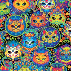 Puede incluir: Un patrón psicodélico colorido con un diseño repetitivo de gatos con detalles intrincados. Los gatos están rodeados de motivos florales y paisley en tonos vibrantes de azul, verde, amarillo, naranja y rojo.