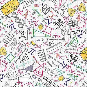 Może przedstawiać: Białe tło z różnymi kolorowymi równaniami matematycznymi, wzorami i kształtami geometrycznymi. Kształty obejmują trójkąty, kwadraty, koła i stożki. Równania obejmują podstawową arytmetykę, algebrę, trygonometrię i rachunek różniczkowy. Tło to wzór siatki.