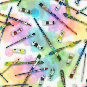 Könnte beinhalten: Ein bunter Hintergrund mit Farbspritzern und Pinseln. Die Pinsel sind in verschiedenen Größen und Farben. Es gibt auch Farbtuben in verschiedenen Farben.