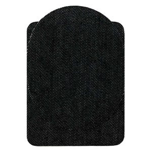 Könnte beinhalten: Ein schwarzer Denim-Patch mit abgerundeter Oberseite und rechteckiger Basis. Der Patch hat ein strukturiertes Aussehen mit sichtbaren diagonalen Linien. Die Kanten sind leicht abgerundet, und die Gesamtform ist symmetrisch.