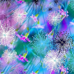 Peut inclure: Motif floral abstrait dans des tons de violet, bleu et vert. Le motif présente des pissenlits stylisés et de délicates fleurs roses. Le fond a un effet aquarelle, créant un aspect onirique et artistique.