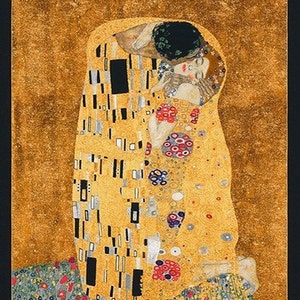 Panneau de tissu en coton Gustav Klimt Le Baiser, patchwork doré métallisé, courtepointe murale, 1,10 m