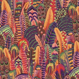 May include: A vibrant, colorful pattern of stylized feathers in shades of orange, purple, green, and red. The design features a variety of feather shapes and textures, creating a rich and detailed visual effect. The overall theme is a bold and artistic representation of nature.