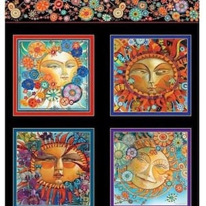 Puede incluir: Cuatro imágenes cuadradas coloridas de soles con diferentes expresiones faciales y rodeados de flores y otros diseños. El fondo es negro.