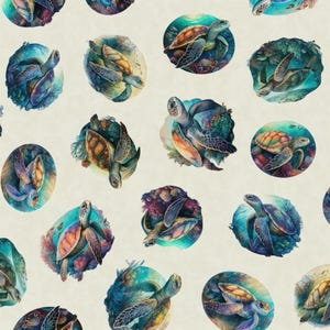 Katoenen stof met zeeschildpadden – onderwaterstof met koralen en vissen, patchworkstof per meter voor quilts en tassen, QT Fabrics, 0,5 m