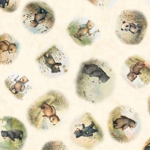 Peut inclure: Un fond blanc avec un motif répété d'ours bruns et de pandas dans différentes poses. Les ours et les pandas sont entourés de feuillage vert et de fleurs.