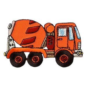 May include: An orange and brown toy cement mixer truck with a rotating drum. The truck has a cab with a windshield and a door. The truck has four wheels.