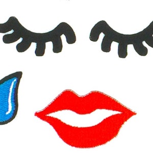 Könnte beinhalten: Ein Set mit vier Bügelbildern, die ein Paar Wimpern, eine einzelne Träne und einen roten Lippenpaar zeigen.