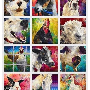 0.90mx 1.10m, panel, animal portraits, horse, rabbit, dog, cat, sheep, goat, llama, pig, duck, chicken, rooster, animal art, cotton, fabric