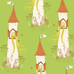 May include: A repeating pattern on a light green background featuring tall white towers with orange shingled roofs and flags. Each tower has a window with a figure with long blonde braided hair flowing out. Red and white wildflowers surround the base.