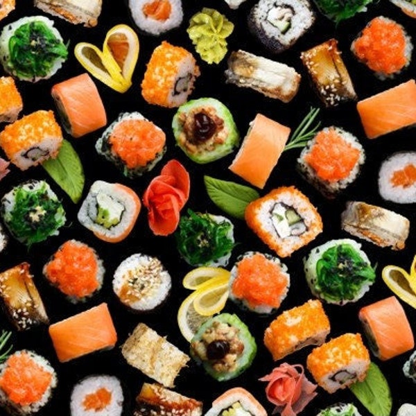 Baumwolle  SUSHI  Maki  Nigiri  japanische Spezialität, Fisch, Gemüse, Reis, Restaurant, Sashimi, Ramen, Baumwollstoff, Stoff, 0,50 m