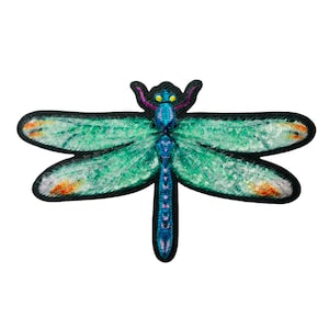 Könnte beinhalten: Ein grüner und blauer Libellen-Aufnäher mit schillernden Flügeln, gestickt auf einem schwarzen Stoff.