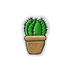 May include: Embroidered patch featuring a green cactus in a brown pot. The cactus has a detailed design with black spines. The patch is on a white background and is likely for clothing or accessories.