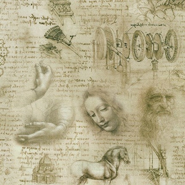 Baumwolle Leonardo da Vinci Frauen The Graphic Work nähen Zeichnungen, Skizzen, Antike, Kunst, Baumwollstoff, Stoff, 0,50m