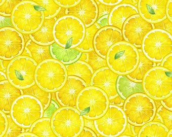 Baumwolle Zitronen Limetten, Vitamin C, Früchte, Blätter, gelb, Zitruspflanzen, Lemon, nähen, Patchworkstoff, Stoff, 0,50m
