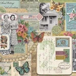 Baumwollstoff „Junk Journal“ – Moda Fabrics Vintage Stoff mit Schmetterlingen, Rosen & Zitaten, romantischer Patchworkstoff zum Nähen, 0,5 m