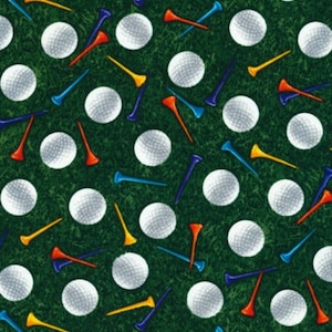 Baumwollstoff Golf Balls and Tees in Gras – Timeless Treasures Design mit Golfbällen & bunten Tees auf Grün, Patchworkstoff zum Nähen 0,50 m