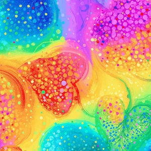 Può includere: Opera d'arte digitale astratta con una vibrante tavolozza di colori arcobaleno. L'opera presenta forme sovrapposte, inclusi disegni a forma di cuore e circolari, punteggiati da punti colorati. L'effetto complessivo è una composizione luminosa e allegra.