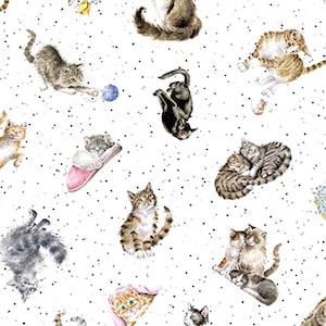 Peut inclure: Un fond blanc avec un motif répété de chats à l'aquarelle dans diverses poses. Les chats sont dans des tons de gris, de marron et d'orange, certains sont enroulés, en train de jouer ou de dormir. De petits points noirs sont dispersés sur le fond.