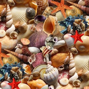 Pode incluir: Um close-up de uma variedade de conchas marinhas em diferentes formas, tamanhos e cores. As conchas estão dispostas em um padrão aleatório, criando um fundo visualmente atraente e texturizado.