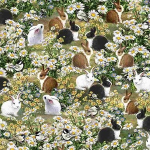 Könnte beinhalten: Eine fantasievolle Illustration mit einem Feld voller weißer Gänseblümchen, auf dem braune und weiße Kaninchen und schwarze und weiße Kaninchen durch die Blumen hüpfen. Es gibt auch kleine Vögel, die auf den Blumen sitzen.