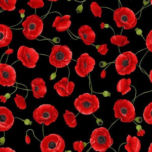 Cotton poppy flowers, corn poppies, poppy capsules, leaves, flowers, sewing, patchwork fabric, fabric, 0.50 m