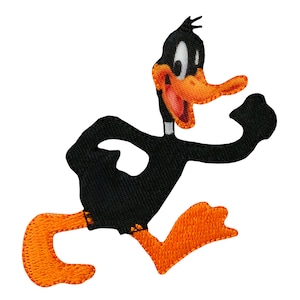 Könnte beinhalten: Eine schwarze und orangefarbene Comic-Ente, die nach rechts rennt. Die Ente hat einen großen, orangefarbenen Schnabel und ein weißes Auge. Die Ente trägt ein schwarzes Hemd.