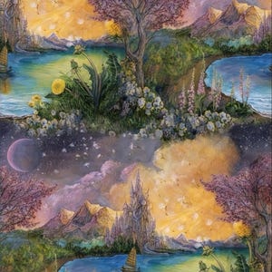Baumwollstoff Berge Bergsee Blumen Mond Segelboot Landschaft Patchworkstoff World of Wonder 0,5 m
