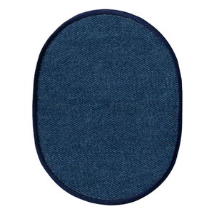 Könnte beinhalten: Ein blauer Jeans-Oval-Patch mit dunkelblauem Rand.