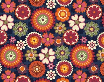 Cotton fabric Retro Floral Navy – Michael Miller Feelin’ Groovy, Flower Power floral motif, patchwork fabric for quilts, bags, decoration, 0.5 m