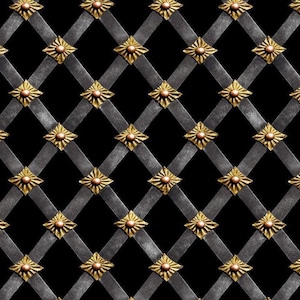 Op de afbeelding: Een zwarte achtergrond met een herhalend patroon van zilveren en gouden metalen stroken die een ruitvorm vormen. Elke ruit heeft een gouden ster in het midden met een koperen stip in het midden.