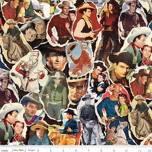 Könnte beinhalten: Eine Collage aus Vintage-Cowboy-Bildern mit Männern in Hüten, Bandanas und Westernkleidung. Die Bilder sind zerrissen und geschichtet, wodurch ein texturierter Effekt entsteht. Die Farbpalette umfasst Braun-, Rot- und Blautöne. Der Text "Riley Blake Designs" ist sichtbar.