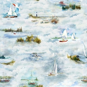 Cotton sailing ships sailing, maritime, NAUTICAL, boat, sea, cliff, islands, coast, maritime fabric, patchwork fabric, 0.50 m