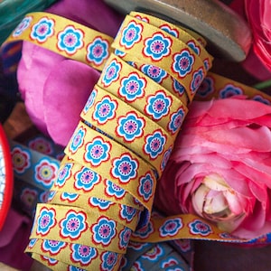 1 m ruban tissé fleurs, jaune, bleu, 12 mm de large, couture, accessoires de couture, ingrédients de couture, ruban décoratif, ruban