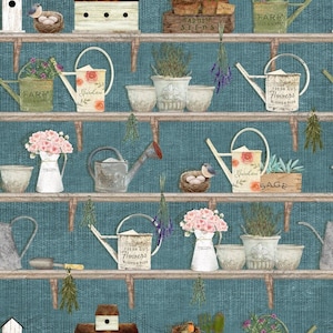 Cotton fabric FLOWER SHELF Touch of Spring, birds, birdhouse, nesting box, flower pots, sewing, woven fabric, patchwork fabric, fabric, 0.50 m