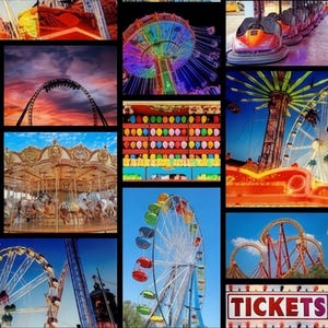 Baumwollstoff Jahrmarkt bunt Riesenrad Karussell Achterbahn Freizeitpark Stoff für Tasche Kissen Patchwork Nähen Meterware 0,5 m