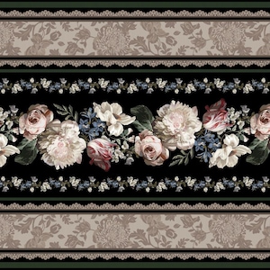 May include: A black and white floral pattern with a delicate lace trim. The floral pattern features pink, white, and red flowers with green leaves. The lace trim is a light brown color.