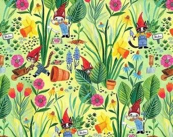 Coton CAT Gnome dans le jardin, fleurs de chat, couture, tissu patchwork, tissu, 0,50 m