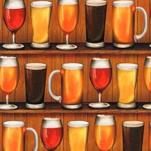 May include: A wooden shelf displaying a selection of beer glasses and mugs. The glasses are filled with various types of beer, including amber, golden, and dark brown.