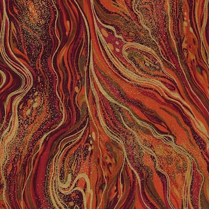 May include: Abstract fabric with a swirling pattern in shades of red, orange, and gold. The design features flowing lines and speckled accents, creating a dynamic and textured appearance. The fabric's color palette evokes warmth and energy.