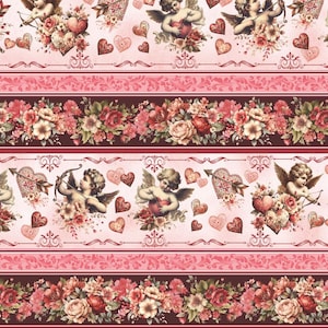 Könnte beinhalten: Ein sich wiederholendes Muster mit Engeln, Herzen und Blumenarrangements in Rosa-, Rot- und Brauntönen. Das Design umfasst dekorative Bordüren und verzierte Details, die eine romantische und Vintage-Ästhetik schaffen.