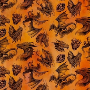 Puede incluir: Un patrón repetitivo sobre un fondo naranja que presenta varias ilustraciones de dragones de color marrón oscuro, incluyendo dragones de cuerpo entero con alas extendidas, cabezas de dragón detalladas y ojos de dragón aislados en un estilo artístico de boceto.