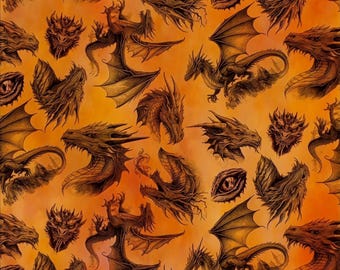 Op de afbeelding: Een herhalend patroon op een oranje achtergrond met diverse donkerbruine drakenillustraties, waaronder volledige draken met gespreide vleugels, gedetailleerde drakenkoppen en losse drakenogen in een schetsmatige artistieke stijl.