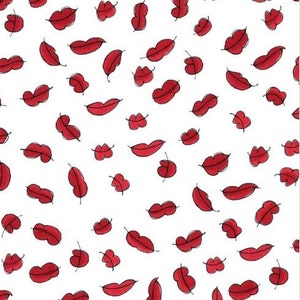 Könnte beinhalten: Ein nahtloses Muster mit roten Lippen auf weißem Hintergrund. Die Lippen sind in einem einfachen, cartoonartigen Stil gezeichnet.