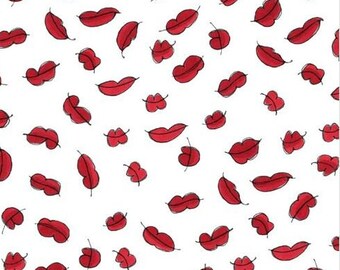 Cotton fabric, red lips, love kiss, colorful, modern, sewing, bags, cushions, patchwork fabric, Loralie Designs, sold by the meter, 0.5 m
