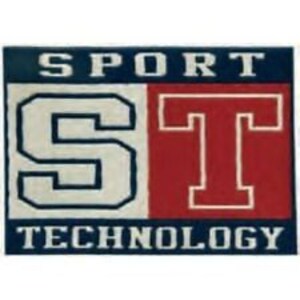 Könnte beinhalten: Ein blauer und roter Patch mit dem Text "SPORT" über einem weißen "S" und einem roten "T" und dem Text "TECHNOLOGY" darunter.