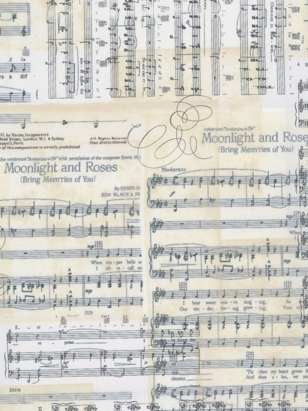 Cotton Sheet Music MOONLIGHT AND ROSES, Sheet Music, Sheet Music Fabric ...