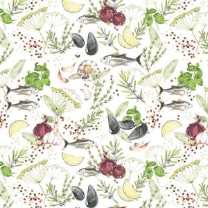 Baumwollstoff  MITTELMEERKÜCHE  Fisch  Dill, Knoblauch, Basilikum, Kräuter, Gewürze, Muscheln, Acufactum, nähen, Stoff, 0,30m